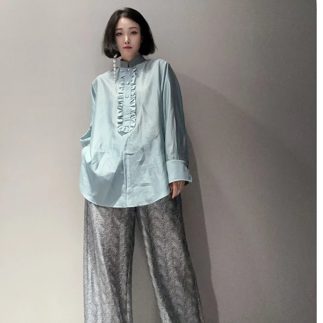 重磅时尚木耳边立领气质格调小众衬衫衬衣MT9588