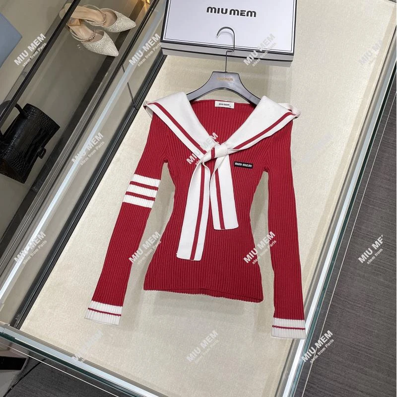 轻奢高端女装早秋季条纹撞色海军领修身针织上衣DY5563