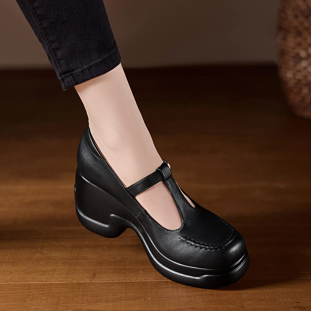 8cm小个子久穿不累脚厚底坡跟鞋黑色小皮鞋防水台高跟鞋玛丽珍鞋
