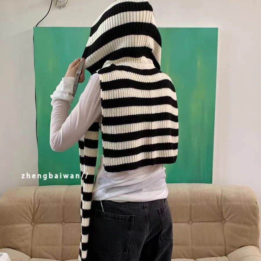 保暖时尚OL休闲女百搭围巾潮流韩版条纹秋冬遮阳时尚连帽披肩