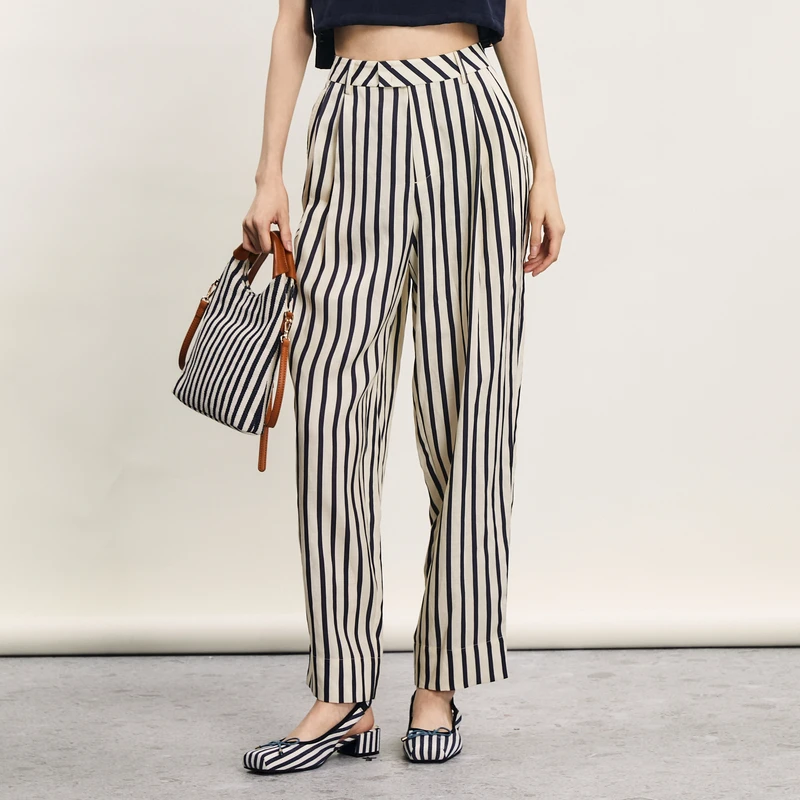 谜底黑白条纹萝卜裤女2024年夏季新品复古通勤西裤长裤242MK0715