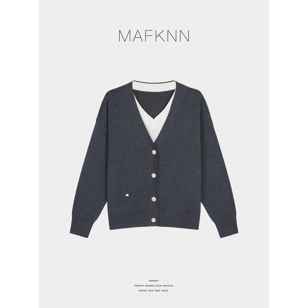 MAFKNN/玛肯时尚休闲简约撞色百搭纽扣开衫假两件上衣MK13157