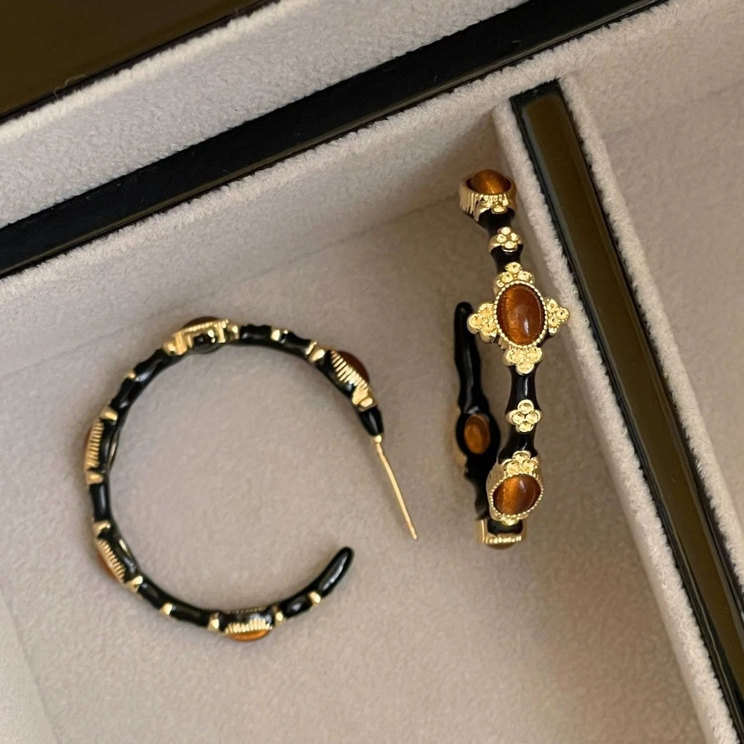 纯铜耳饰 复古气质美拉德镶钻C圈耳环女独特小众个性耳钉轻奢时尚