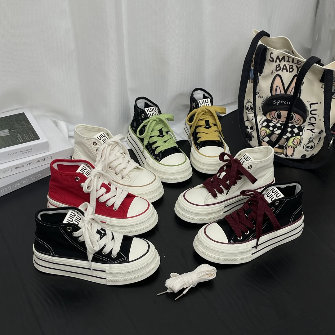 YOBN/优步圆头韩版百搭高帮帆布鞋2025秋冬潮流厚底休闲系带板鞋