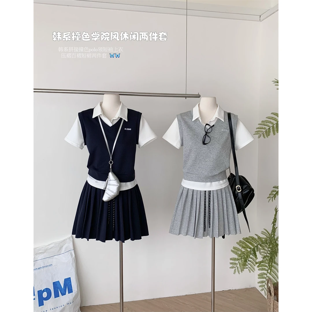 chiyiyi 学院风假两件针织T恤不撞款百褶短裙子时尚套装显瘦女夏