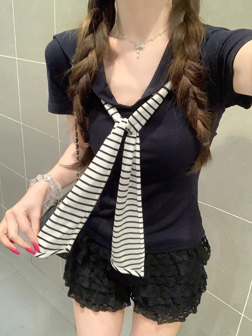 大码胖MM200斤夏韩版海军领套头条纹披肩正肩设计感短袖T恤上衣女