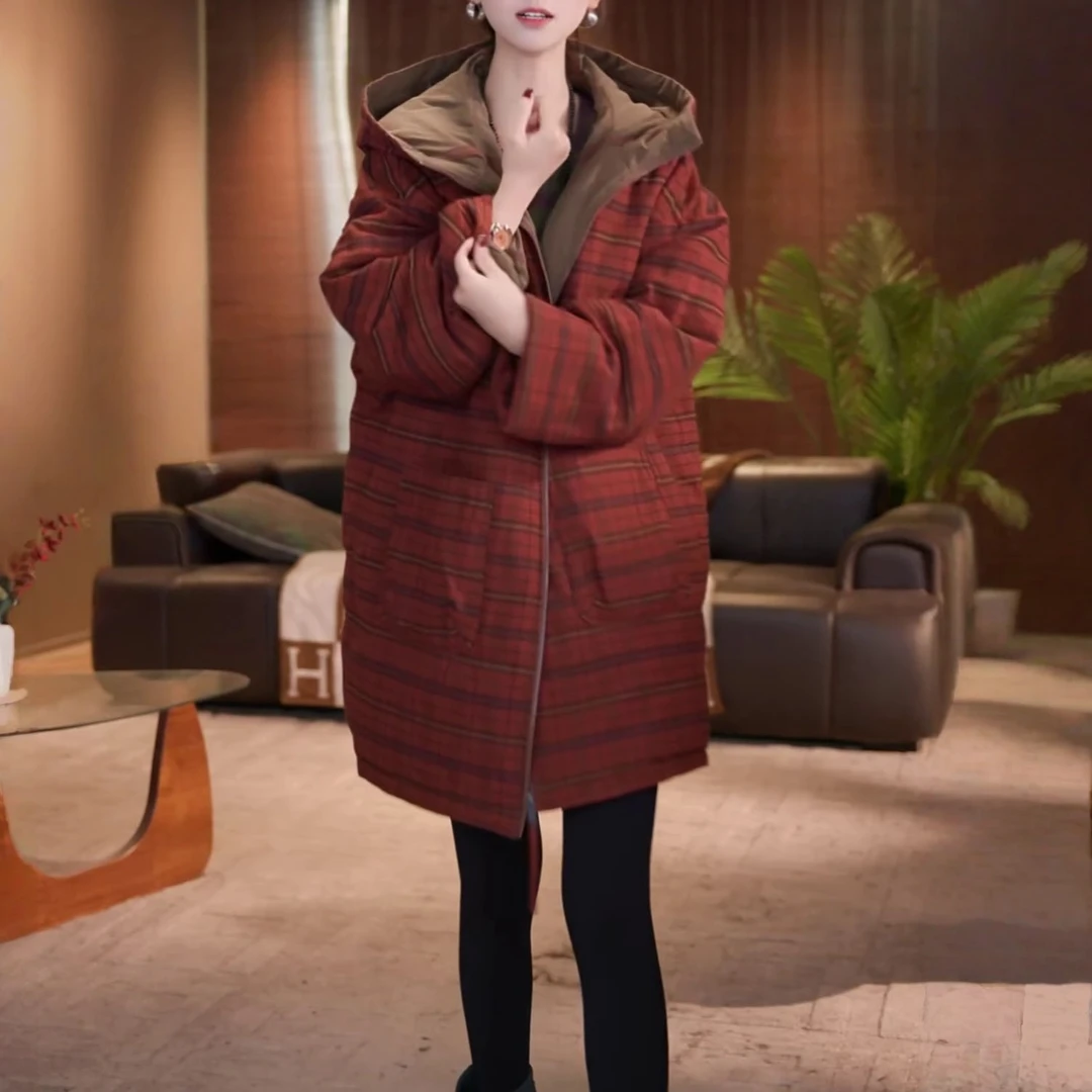 时尚百搭宽松显瘦中长款棉衣外套秋冬新款加厚保暖双面穿连帽棉服