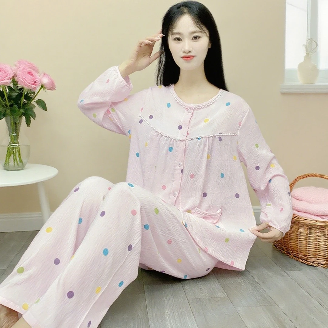 纯云朵棉睡衣女士春秋季长袖宽松圆领无胸垫可外穿家居服套装Y171