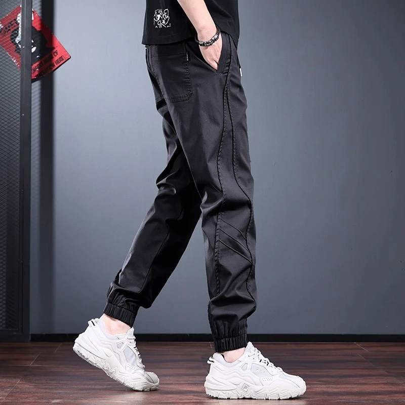 黑色工装休闲裤男2025新款春秋季简约百搭束脚裤时尚松紧腰男裤子