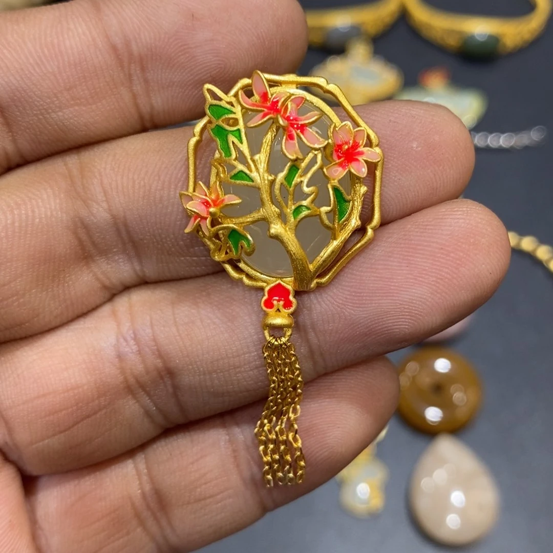 和田玉颈饰银S925镀金镶嵌