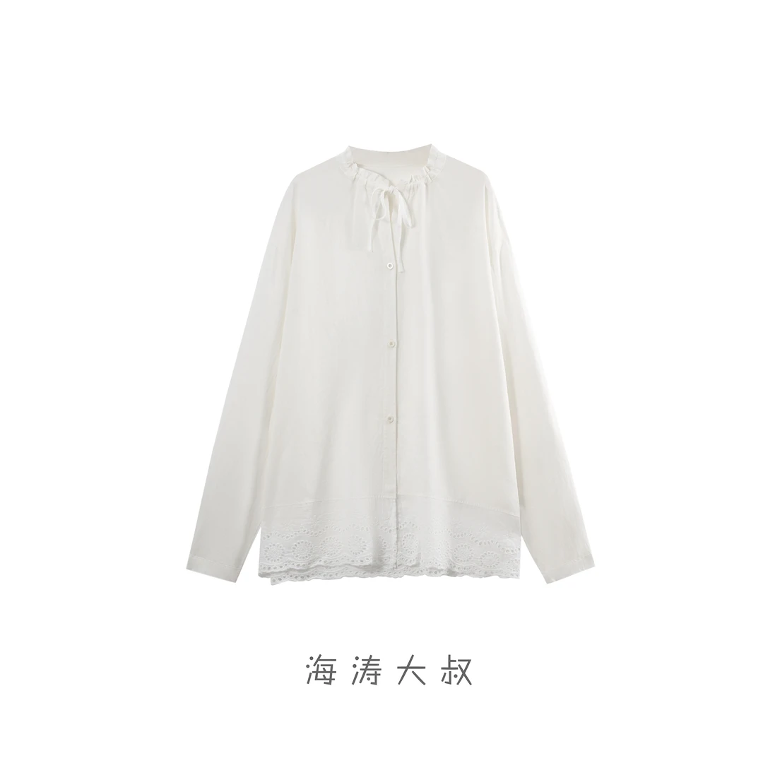 【海涛大叔】「南法假日」天丝亚麻抽绳蕾丝花边纯色衬衫开衫DL5985