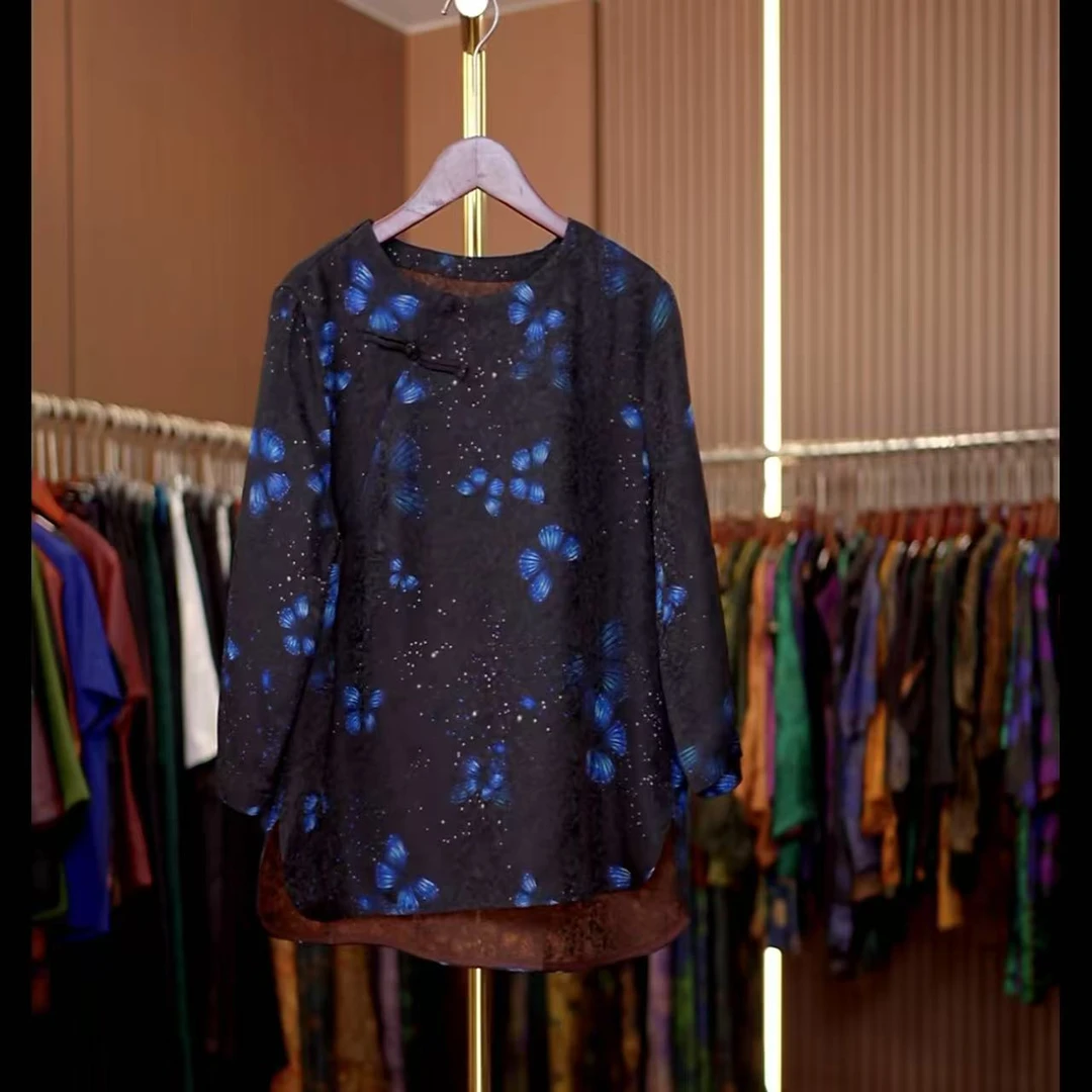 蓝焰-新中式国风蓝蝴蝶中袖上衣0382