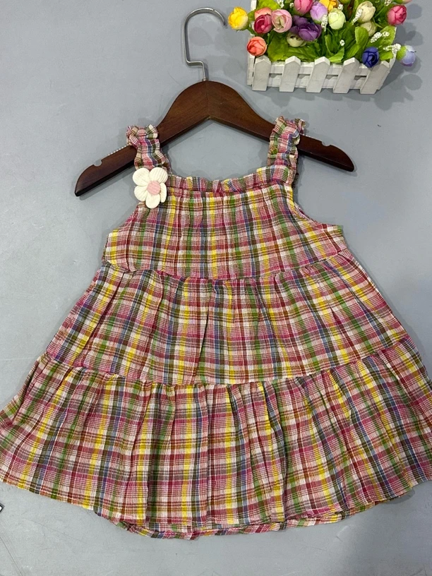格子连衣裙蓬蓬裙女无袖中国风夏季童装女宝套装吊带