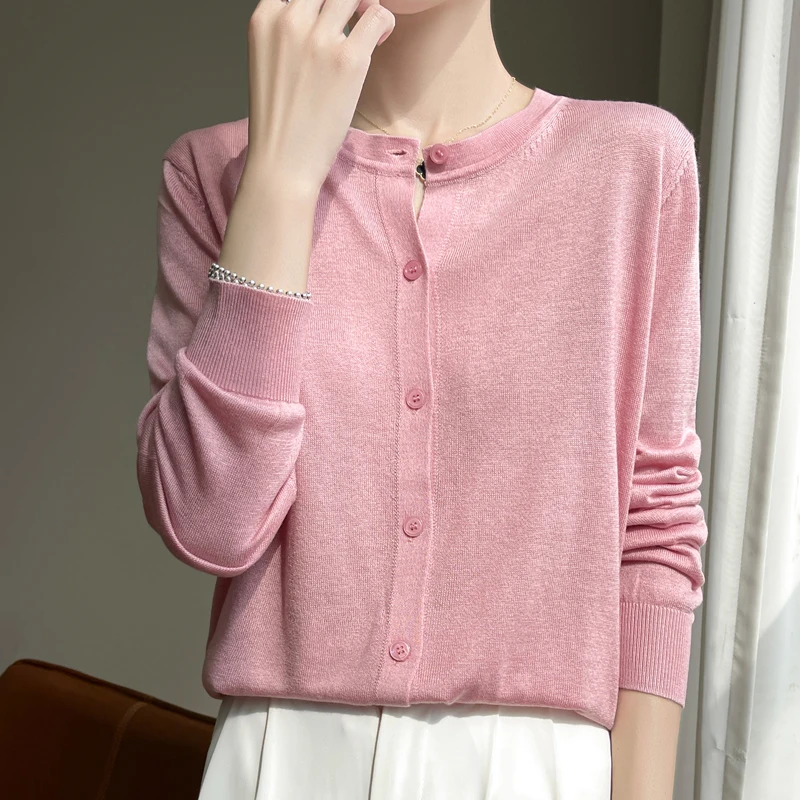 可机洗 2025春款精仿羊毛开衫女 圆领针织薄款薄款外套女针织纯色