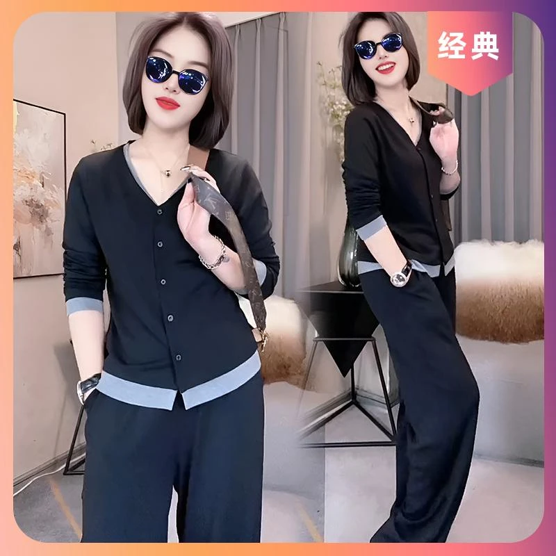 欧货休闲运动套装女春秋2025新款时尚洋气假两件开衫上衣两件套潮