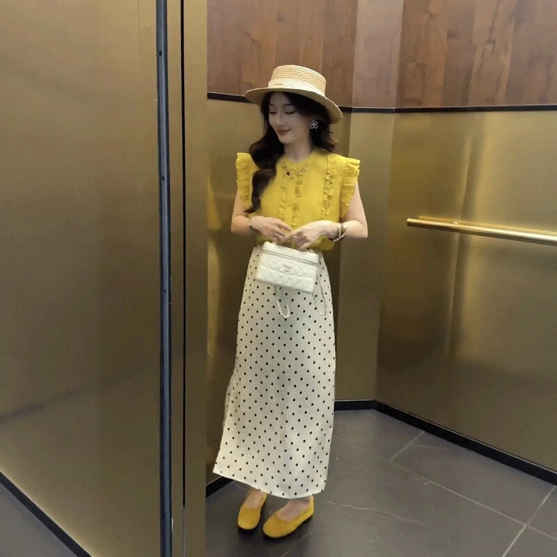 2025夏季新款韩版简约小飞袖衬衫上衣搭高腰显瘦波点半身裙两件套