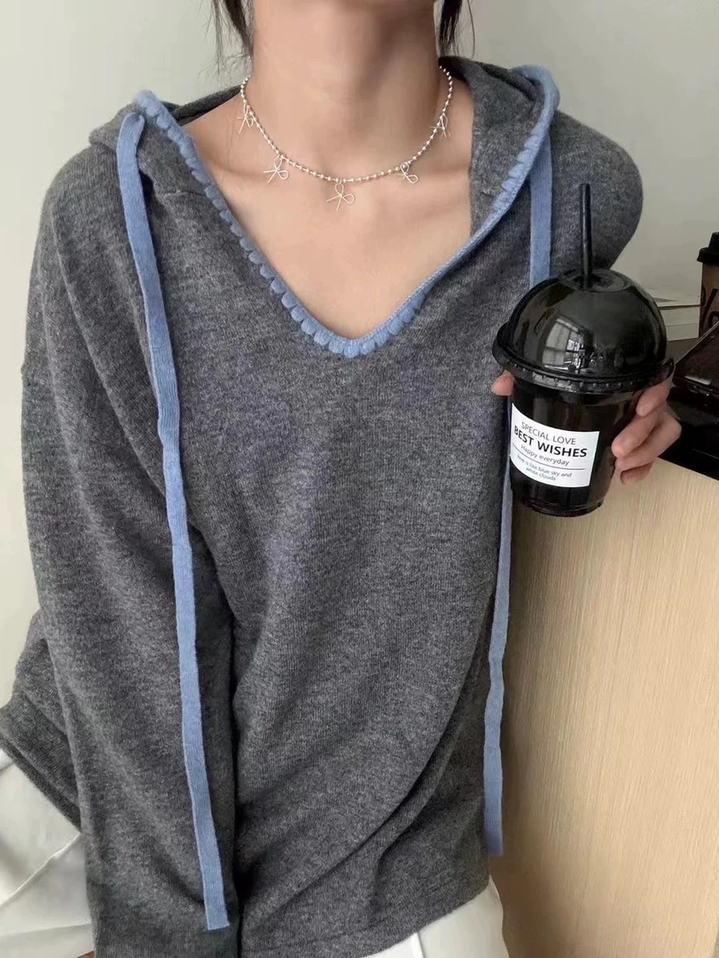 连帽厚款女宽松羊毛衫百搭长袖休闲内搭假两件加绒保暖修身