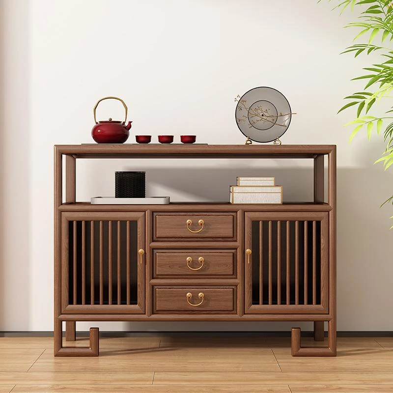 全实木餐边柜茶水柜新中式老榆木置物柜鞋柜茶室收纳餐厅储物柜子