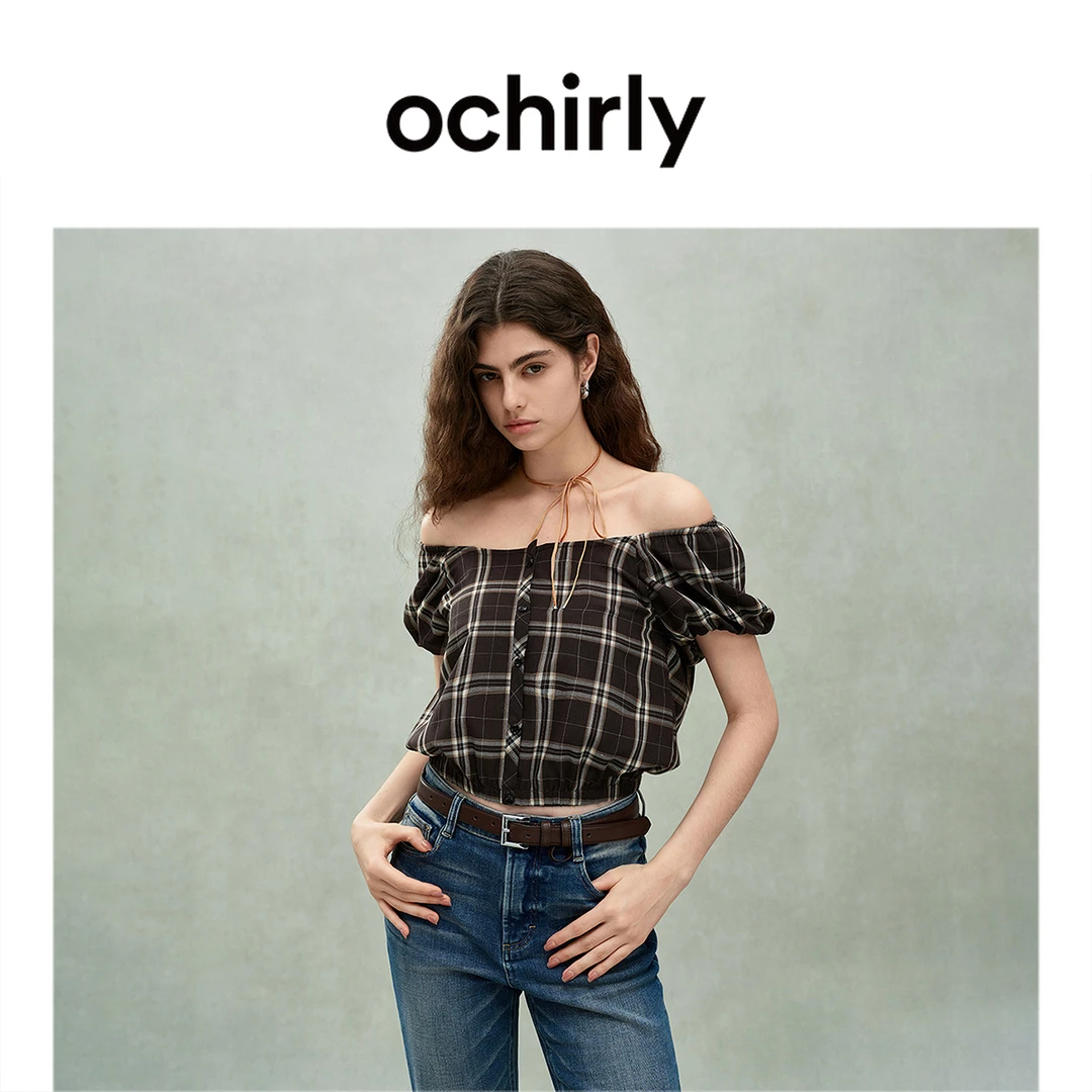 OCHIRLY欧时力 格子短袖衬衫女方领两穿短上衣复古2025春季新品