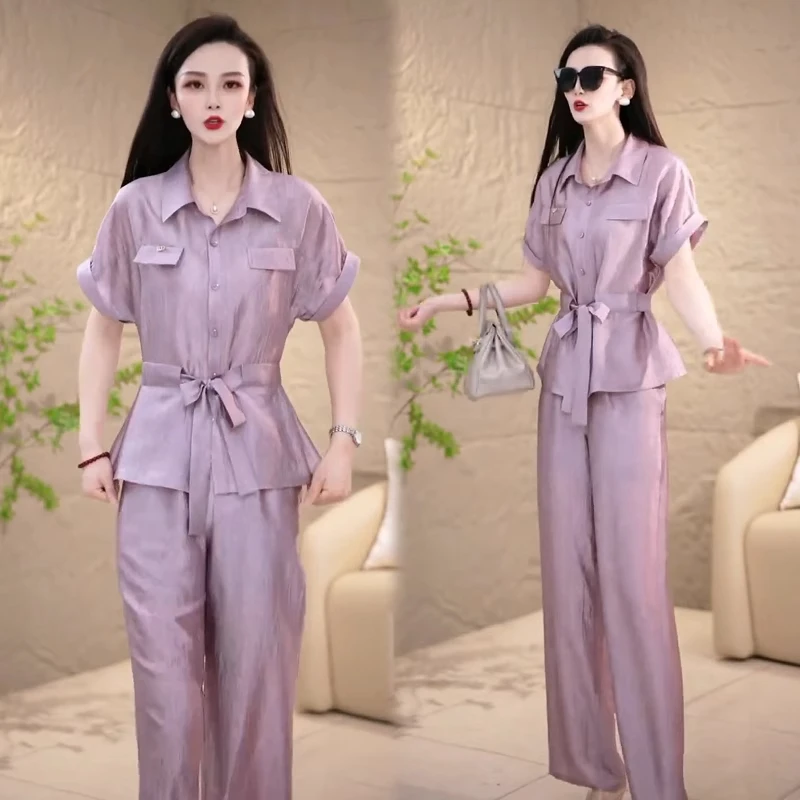 时尚套装女2025夏季新款时髦洋气收腰显瘦短袖上衣阔腿裤两件套潮