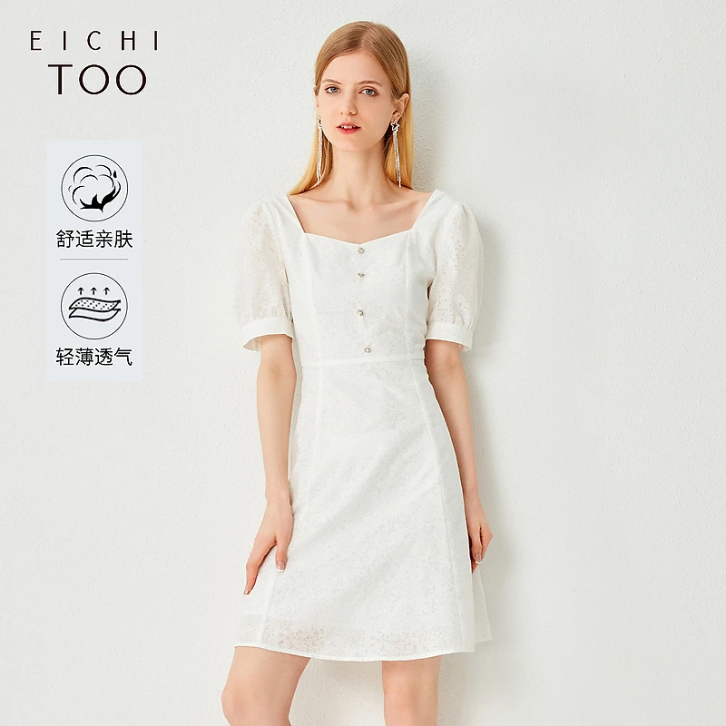 A爱居兔女装烧花烫银面料雪花装饰扣短袖连衣裙EQLBJ2M826A
