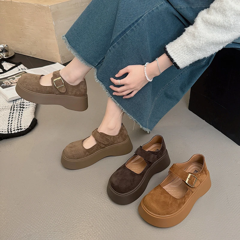 绒面复古厚底浅口单鞋女2025新款春季百搭增高勃肯鞋圆头玛丽珍鞋