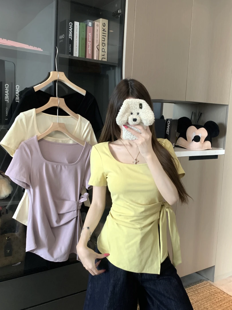 8670 胖mm大码大码胖mm设计感开叉绑带遮肚子显瘦上衣女