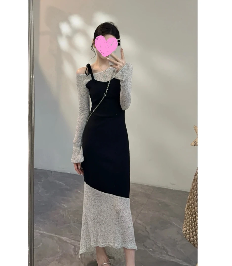 秋季新款拼色不规则假两件喇叭袖长裙连衣裙