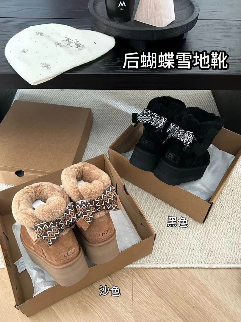 【后蝴蝶雪地靴】冬季短筒沙色时尚雪地靴法式毛毛鞋高跟防水台棉靴