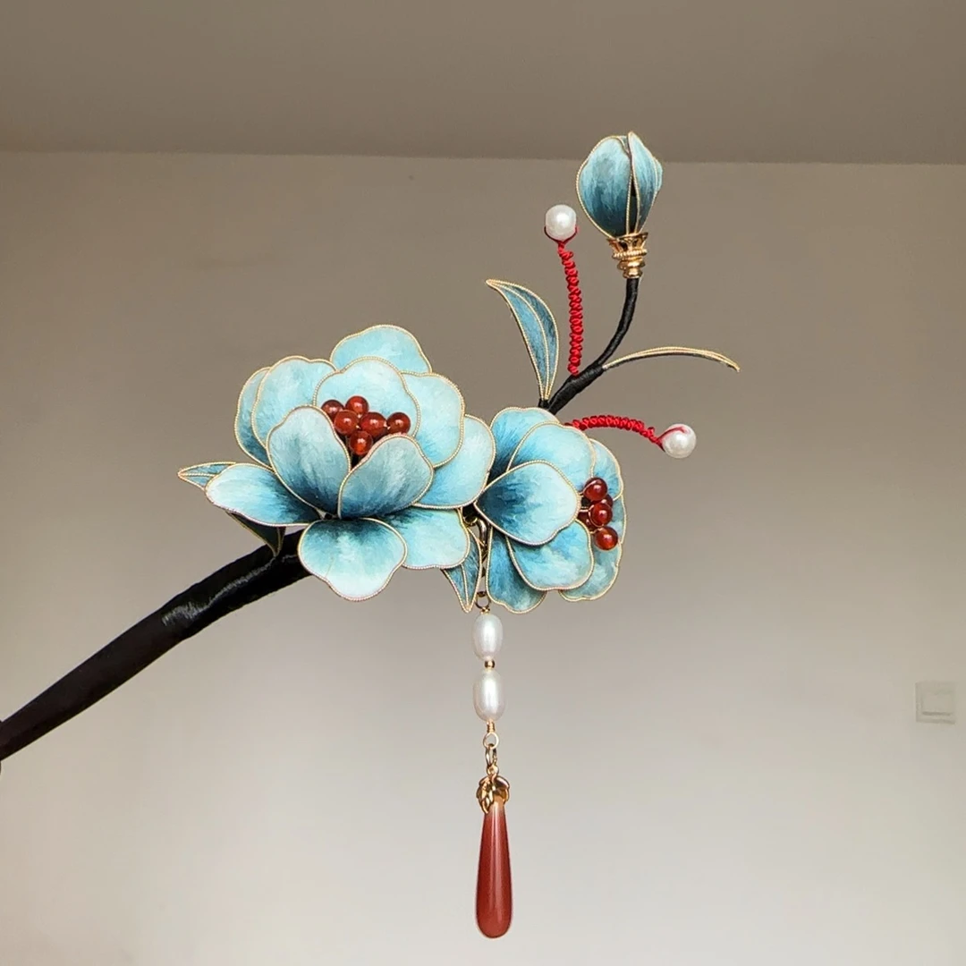 非遗绒花 蓝色掐丝牡丹气质款发簪