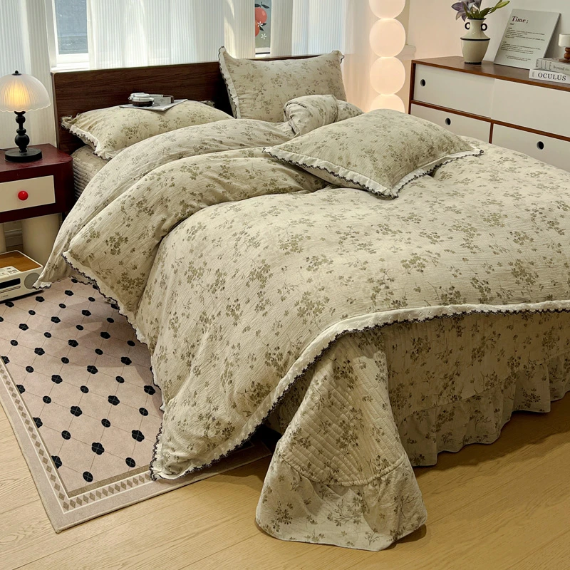 轻奢复古风棉麻加厚床盖四件套针织水洗棉双层纱四季通用床上用品