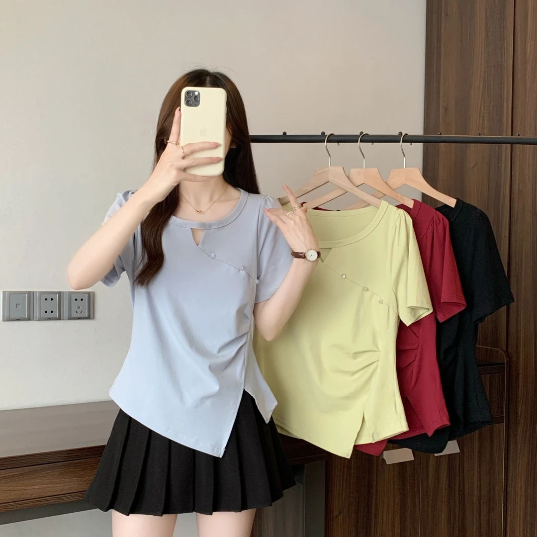 清2025夏季胖mm大码不规则镂空短袖T恤设计感褶皱收腰上衣64590