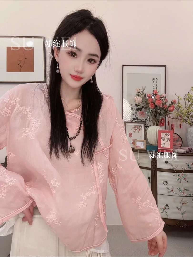 维揽9539苎麻斜襟宽松刺绣时尚透气绣花夏季中国风古风女装衬衫