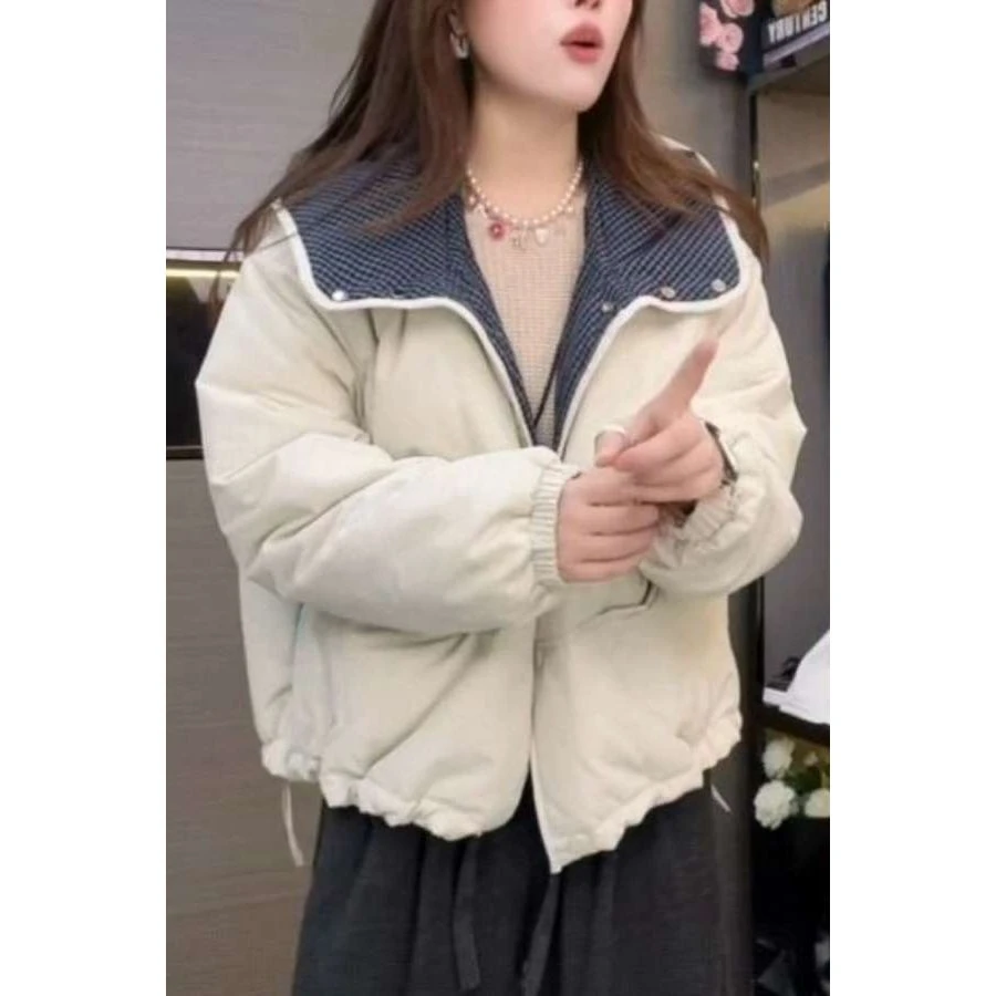 韩系格子拼接连帽棉衣短外套女秋季2025新款宽松保暖夹棉棉服上衣