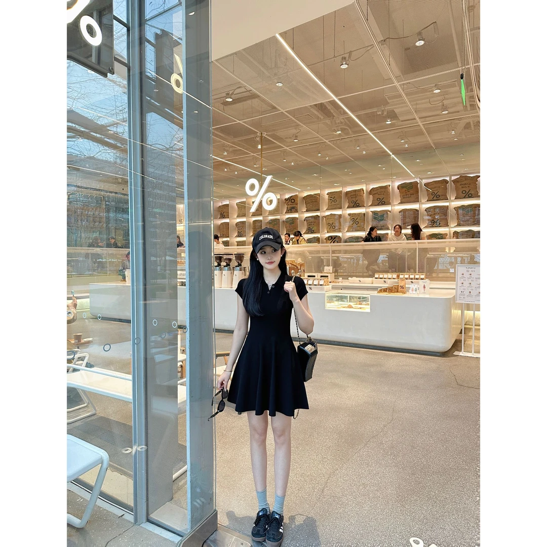 Zzhen【纸片人】纯色polo领针织连衣裙收腰显瘦短裙DLYQ920