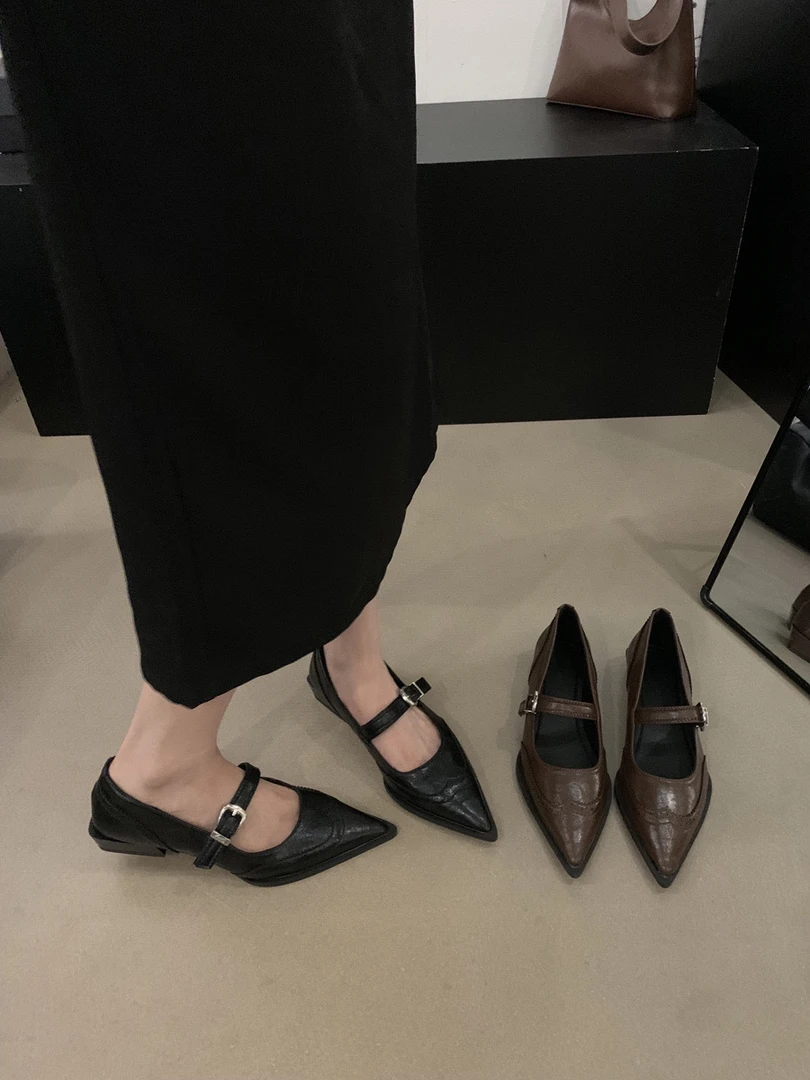 浅口粗跟单鞋子女小众2025年新款法式尖头软皮玛丽珍低跟晚晚瓢鞋