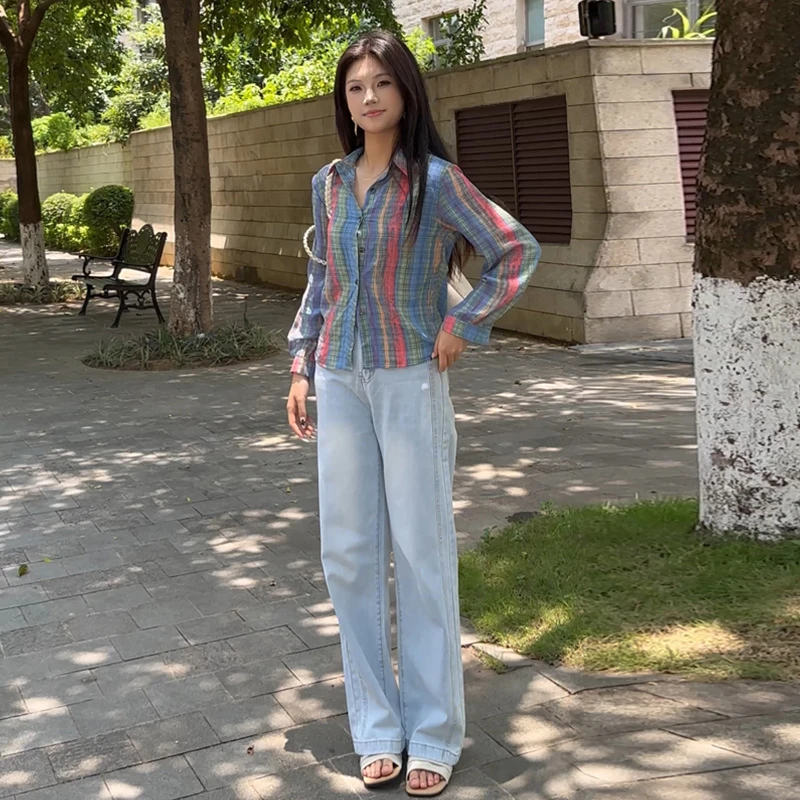 韩版格子设计感长袖衬衫长款高腰牛仔裤女秋港味时髦小众两件套装