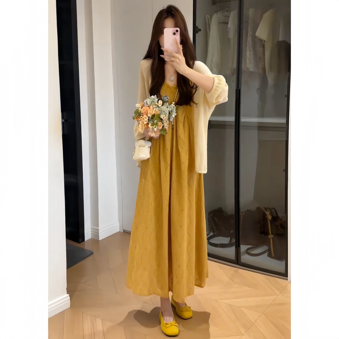 大码女装秋装长款开衫韩版宽松遮肉显瘦设计感吊带连衣裙秋裙