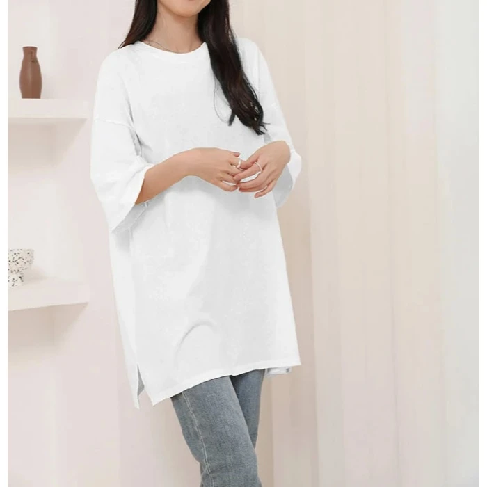 女士中长款纯棉五分袖T恤BB0457高克重圆领简约风夏季时尚短袖T恤