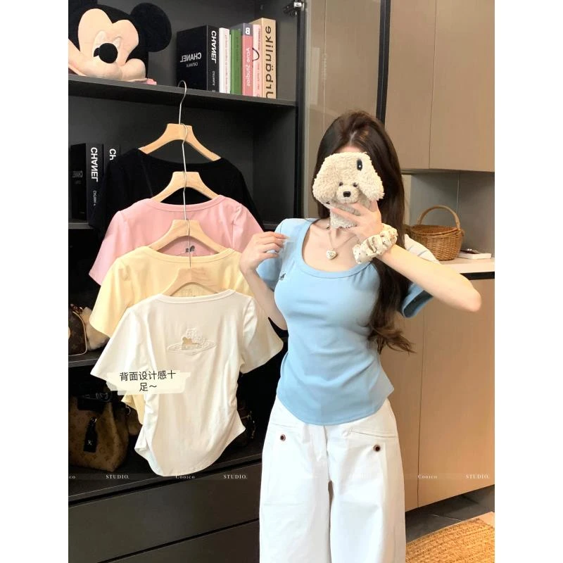 【KT猫刺绣】多巴胺彩色正肩U领显瘦短袖喂奶上衣夏季满月哺乳短袖