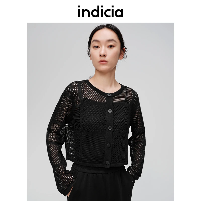 indicia标记商场同款24夏季新款圆领长袖镂空针织开衫6B405KS254F