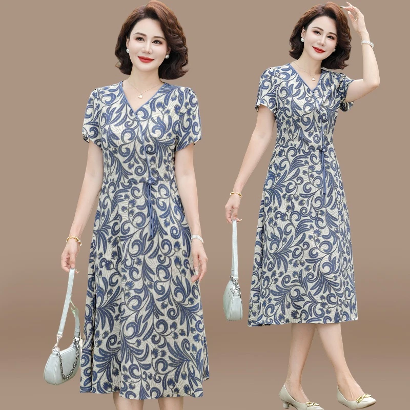 妈妈夏装连衣裙新中式国风雪纺裙2025新款中老年女装夏季短袖裙子