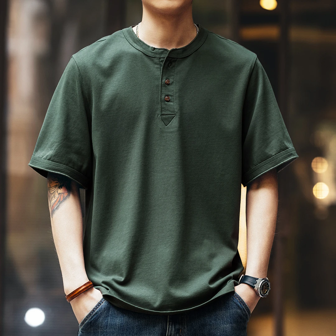 格蓝鹿美式亨利领polo衫男短袖t恤夏季新款宽松大码纯棉半袖体恤