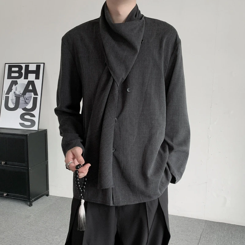 秋季山本暗黑系立体裁剪不规则围巾式衬衫男女长袖新中式大码衬衣