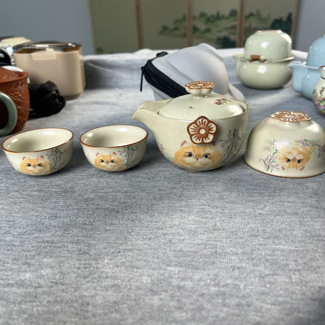 A423汝窑加菲猫旅行茶具家用便携快客杯一壶三杯户外功夫茶具套装