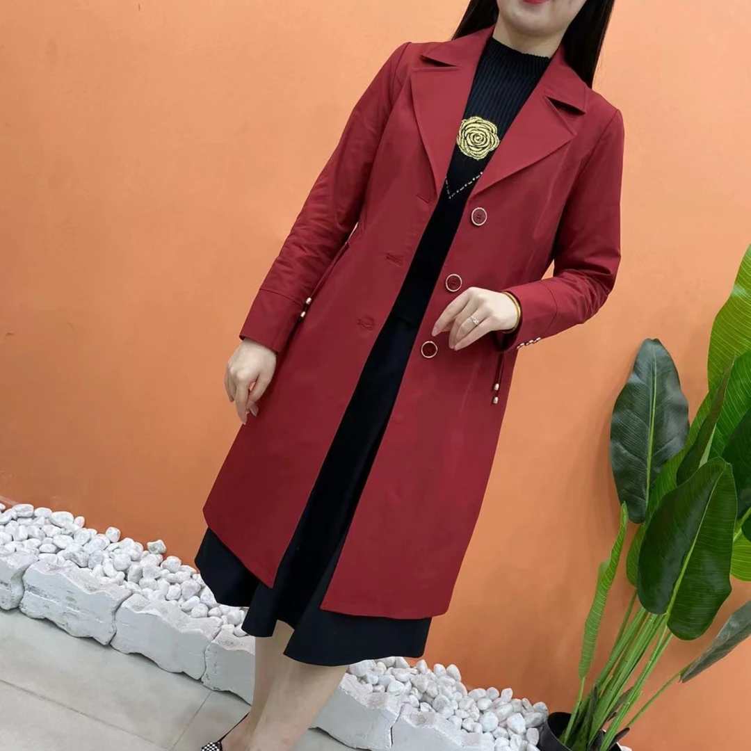 修身外套女士显瘦遮肉漂亮妈妈装洋气纯色中长款翻领风衣时尚气质