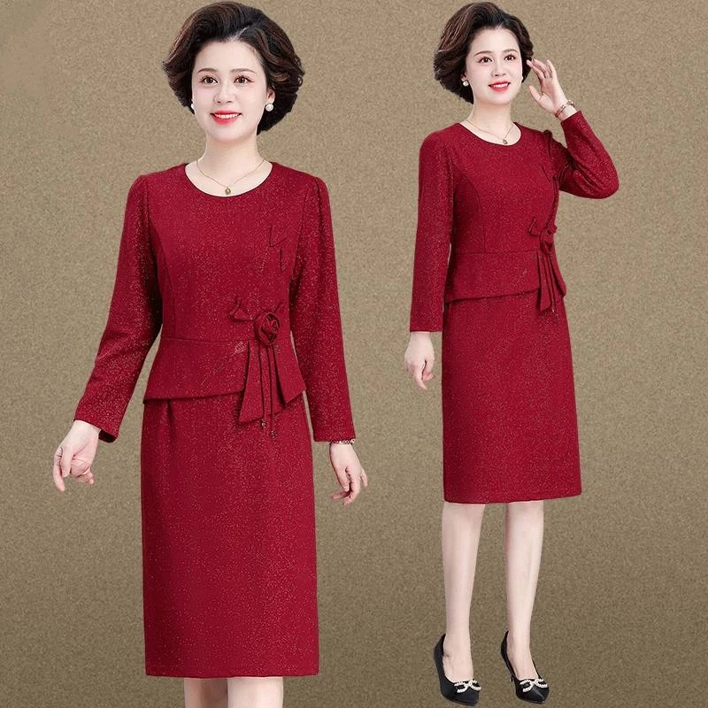 喜婆婆婚宴装2025新款妈妈春秋装结婚礼服假两件连衣裙气质高贵