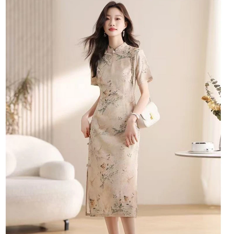 新中式国风旗袍连衣裙女夏季2025新款中年妈妈薄款收腰气质长裙子