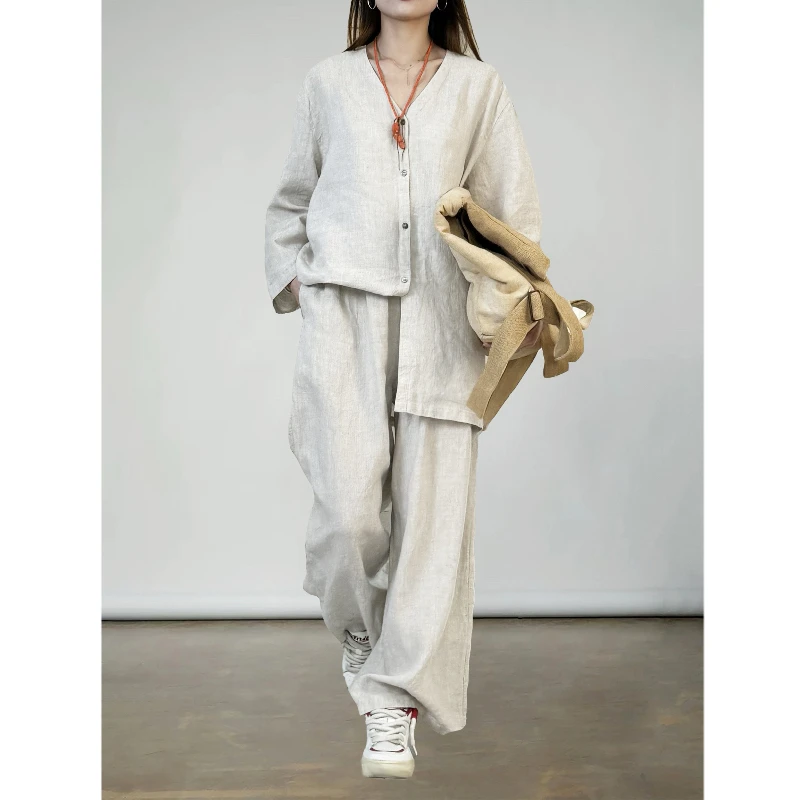 原创设计时尚气质亚麻长袖套装女2025新款宽松休闲两件套