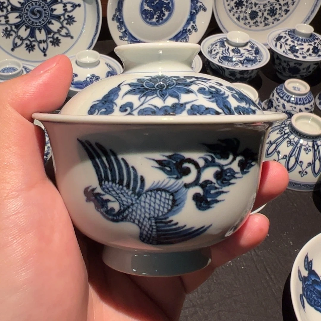 杯子瓷凤纹盖碗一个微瑕